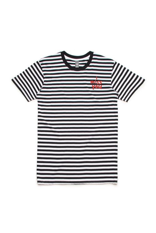 I Miss You Black/White Striped Tshirt w/embroidered pocket logo by Thundamentals